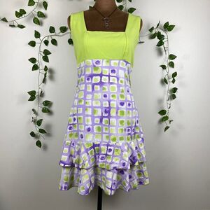 M Y2K Green & Purple watercolor artsy dress ruffle hem sleeveless polly pockets